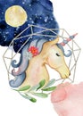 Cute unicorn watercolor hand drawn merry christmas illustration with night sky and moon Royalty Free Stock Photo