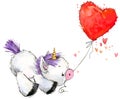 Cute unicorn watercolor illustration. love card