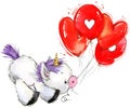 Cute unicorn watercolor illustration. love card