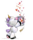 Cute unicorn watercolor illustration. love card