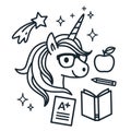 Cute unicorn wearing eyeglasses with school themed icons around.