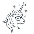 Cute unicorn wearing eyeglasses single color outline illustration. Simple line doodle icon, coloring book page. Magic, fantasy, e