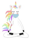 Cute unicorn wearing medical mask Cartoon Character vectors with pastel rainbow. Coronavirus COVID-19