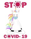 Cute unicorn wearing medical mask Cartoon Character vectors with pastel rainbow. Coronavirus COVID-19