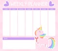 Cute Unicorn Weekly Planner with Blank Column for Writing and Pretty Pony with Rainbow Mane Vector Template