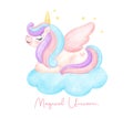 Cute unicorn with wing on cloud watercolor dreamy nursery Art illustration. Magical Unicorn