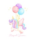 Cute unicorn with wing floating by balloons watercolor nursery Art illustration. Magical Unicorn