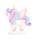 Cute unicorn with wing migical pony watercolor dreamy nursery Art illustration. Magical Unicorn