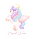 Cute unicorn with wing migical pony watercolor dreamy nursery Art illustration. Magical Unicorn