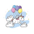 Cute unicorn with wings and balloons and clouds