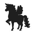 Cute unicorn with wings. Magic fairy horse. Black silhouette. Design element. Vector illustration isolated on white background. Royalty Free Stock Photo