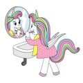 Cute unicorn with wings in pajamas brushing his teeth in front of a mirror.