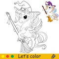 Cute unicorn witch with a broom coloring book page