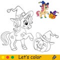 Cute unicorn witch coloring book page Halloween