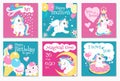 Cute unicorns. Birthday girly banners, funny animals characters, fairy tales little horses, magic holiday posters, kids