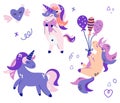 Cute Unicorns. Birthday party decorations. Festive Happy Unicorns with balloons. For Birthday, Greeting cards, invitations and