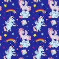 Cute unicorns, clouds, rainbow magic wand vector seamless pattern