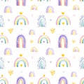 Cute unicorns collection. Seamless lovely texture with watercolor rainbows and keys. Pastel colors