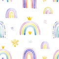 Cute unicorns collection. Seamless lovely texture with watercolor rainbows and keys. Pastel colors