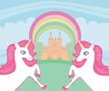 Cute unicorns and fairy-tale princess castle - birthday card Royalty Free Stock Photo