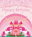 Cute unicorns and fairy-tale princess castle - birthday card Royalty Free Stock Photo