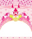 Cute unicorns and fairy-tale princess castle - birthday card Royalty Free Stock Photo