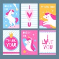 Cute unicorns. Magic animals with greeting text postcards collection, sweet fairy horses with pink manes, stars and Royalty Free Stock Photo