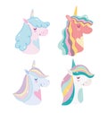 Cute unicorns magic fantasy cartoon rainbow horns mane portrait icons