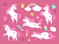 Cute unicorns. Pink beautiful magic pony characters, little girl decorative animals and items, sweets, flowers and