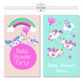 Cute unicorns on the rainbow. Little unicorns on clouds. Baby shower party.