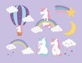 Cute unicorns rainbows cloud air balloon star moon fantasy cartoon set
