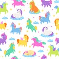 Cute unicorns, seamless patern, fantasy magic world, nice fairy animals, textile industry, cartoon style vector