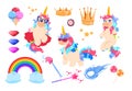 Cute unicorns set. Cartoon rainbow, magic wand and diamonds. Gold crown, stars and ice-cream. Fairy pony unicorn vector Royalty Free Stock Photo