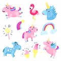 Cute unicorns with set, collection with rainbow, cloud, famingo, star cartoon vector Illustrations Royalty Free Stock Photo