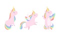 Cute Unicorns Set, Lovely Pink Baby Unicorn with Rainbow Mane in Various Poses Cartoon Vector Illustration Royalty Free Stock Photo