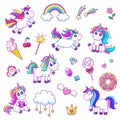 Cute unicorns set. Unicorn characters, fairy style magic pony and elements. Pretty girly stickers, ice cream, rainbow