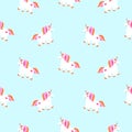 Cute unicorns sky blue seamless pattern. Fairytale pony child characters light vector background.