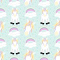 Cute Unicorns with Stars, Clouds with Rainbows on light green background seamless pattern