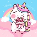 Cute Unicorns vector holding rose flower with rainbow kawaii animals sweet pony cartoon pastel background Valentines day lover Royalty Free Stock Photo