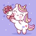 Cute Unicorns vector holding rose flower sweet pony cartoon pastel background Valentines day lover gifts