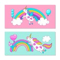 Cute unicorns with wings on a rainbow. Vector illustration.