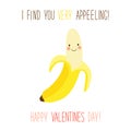 Cute unusual hand drawn Valentines Day card with funny cartoon character of banana