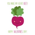 Cute unusual hand drawn Valentines Day card with funny cartoon characters of beet