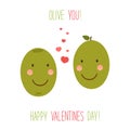 Cute unusual hand drawn Valentines Day card with funny cartoon characters of olive