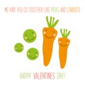 Cute unusual hand drawn Valentines Day card with funny cartoon characters of peas and carrots