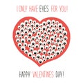 Cute unusual Valentine`s Day card with funny cartoon character of heart with many eyes and hand written text