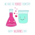 Cute unusual Valentines Day card with funny hand drawn cartoon characters of laboratory tubes and beakers