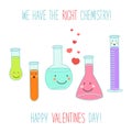 Cute unusual Valentines Day card with funny hand drawn cartoon characters of laboratory tubes and beakers