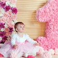 Cute upset baby girl in pink dress