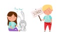 Cute upset little girl and boy feeling sorry for toy rabbit and apologizing. Good manners of kids cartoon vector